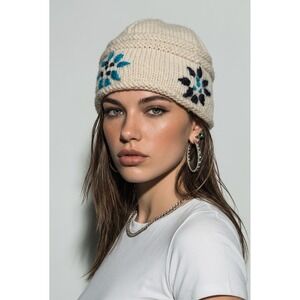 Windhorse Hand Knitted Wool Beanie Cream Floral Embroidered Fleece Lined Nepal